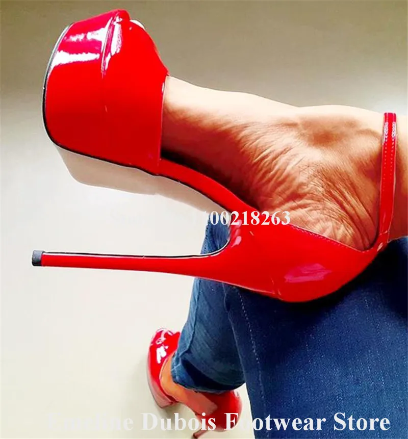 Red Patent Leather Platform Sandals Emeline Dubois Peep Toe Stiletto Heel Dress Shoes Ankle Straps Party Dress Heels Big Size