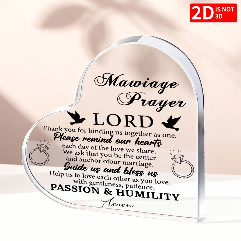 Marriage Prayer Heart‑Shaped Acrylic Plaque Dove Wedding Ring Faith Desk Decor Christian Wedding Blessing Heart Acrylic Stand, Marriage Prayer Religious Sentimental Keepsake Gift