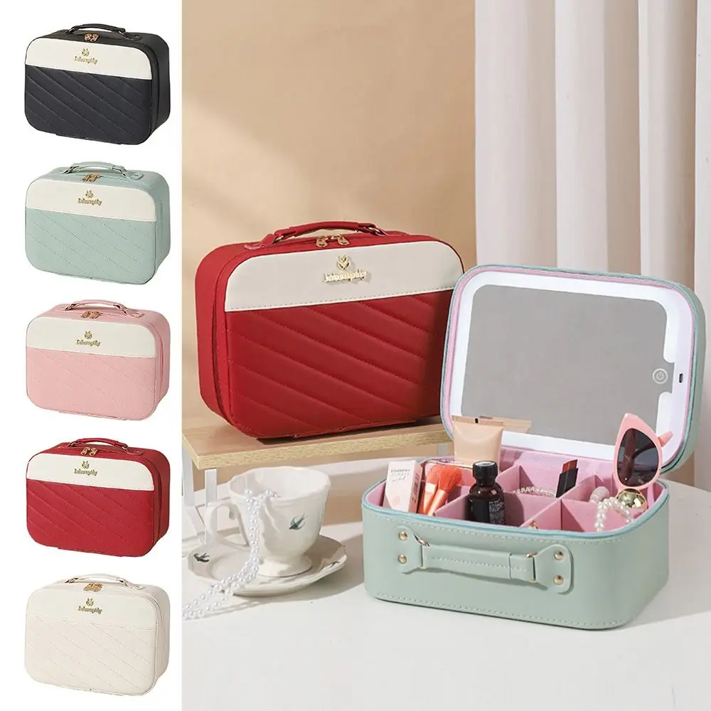 

Large Capacity Handheld Makeup Box Leather Waterproof Travel Toiletries Organizer with LED Mirror Cosmetic Storage Bag