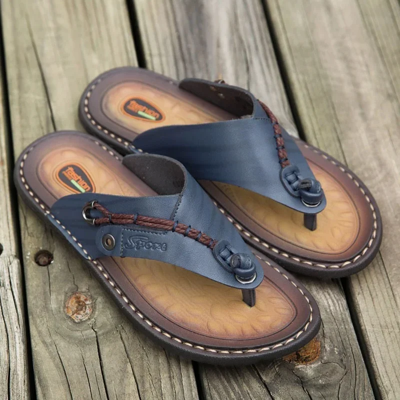 2023 New Summer Handmade Leather Slippers Trendy Fashion Men\'s Flip-flops Outdoor Breathable Comfortable Men and Simple Sandals