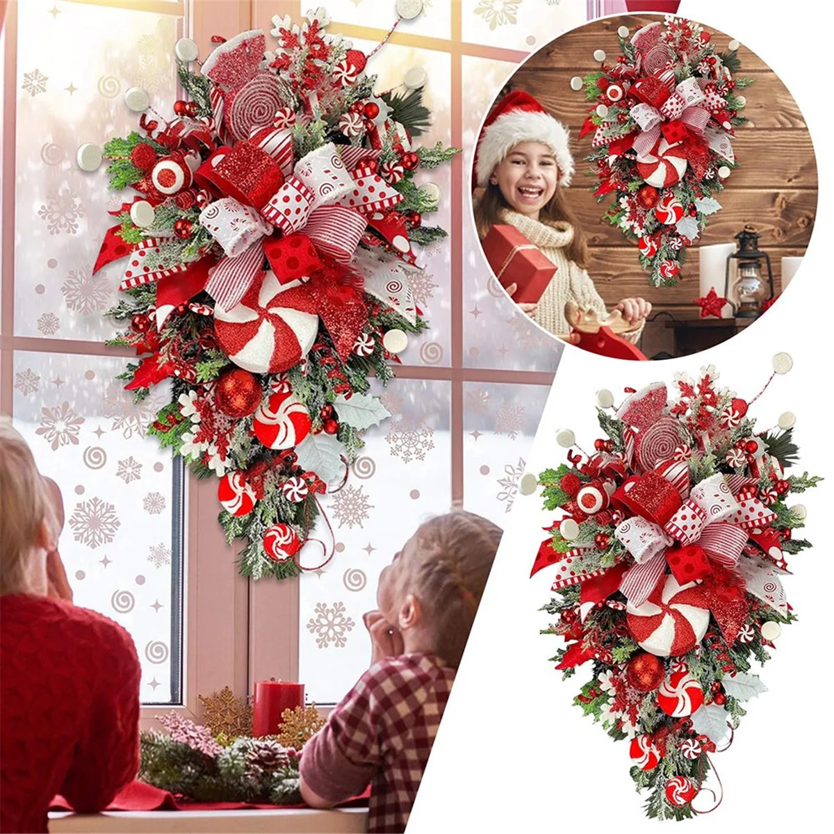 Christmas Candy Cane Wreath for Front Door Christmas Stairway Decorations Christmas Wreath for Indoor Decor 12x24 Inch