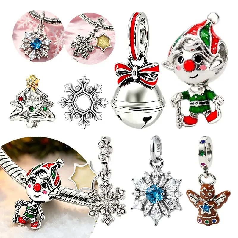 Original S925 Silver Christmas Charms Snowflake Xmas Tree Gingerbread Man Zircon Beads Fit  Bracelet Jewelry Gifts for Women