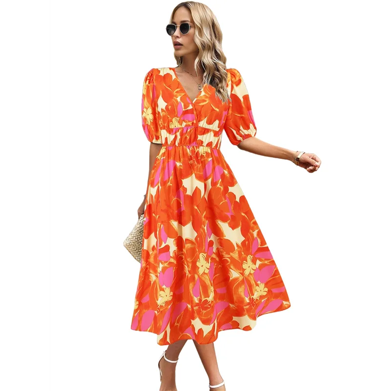 ABRT-Vestido floral con cuello en V para mujer Verano 2025, vestido largo plisado bohemio fluido con mangas abullonadas