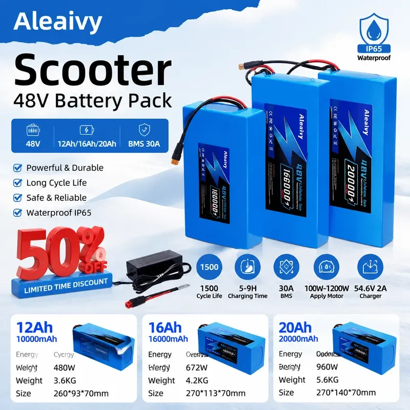  Genuine 48V 10Ah 14Ah 16Ah 20Ah 13S7P 18650 Lithium Battery Pack with Built in 30A BMS for Electric Scooter up to