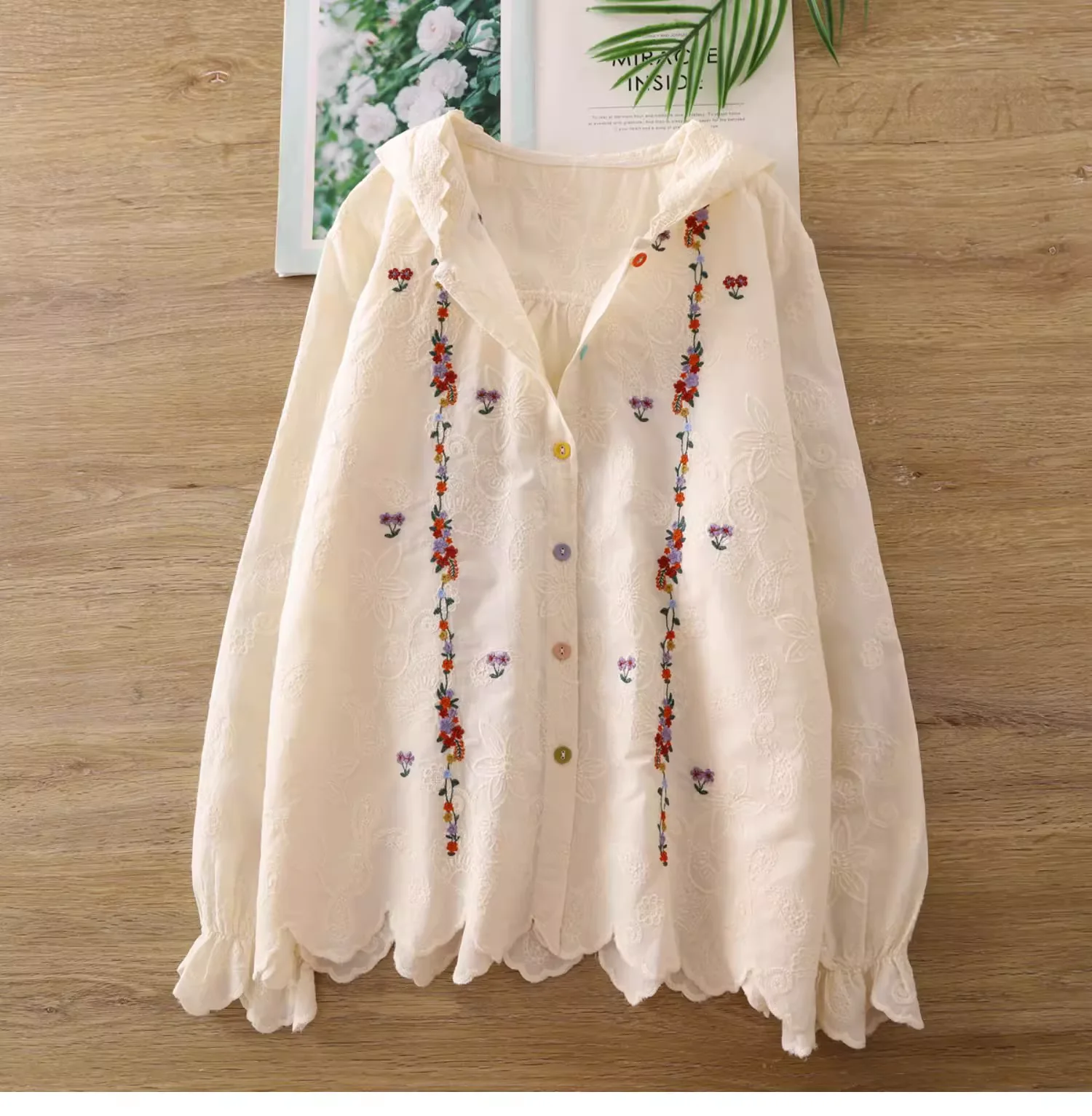 Mori girl style hoodies for women autumn Japan fashion hooded cotton long sleeve tops flowers embroider shirts and blouses