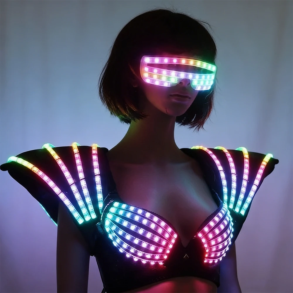 Cyberpunk – soutien-gorge LED Laser polychrome et Costume de danse d'épaule lumineuse, vêtements lumineux Sexy pour Bar, DJ, fêtes Disco, événements de salle de bal
