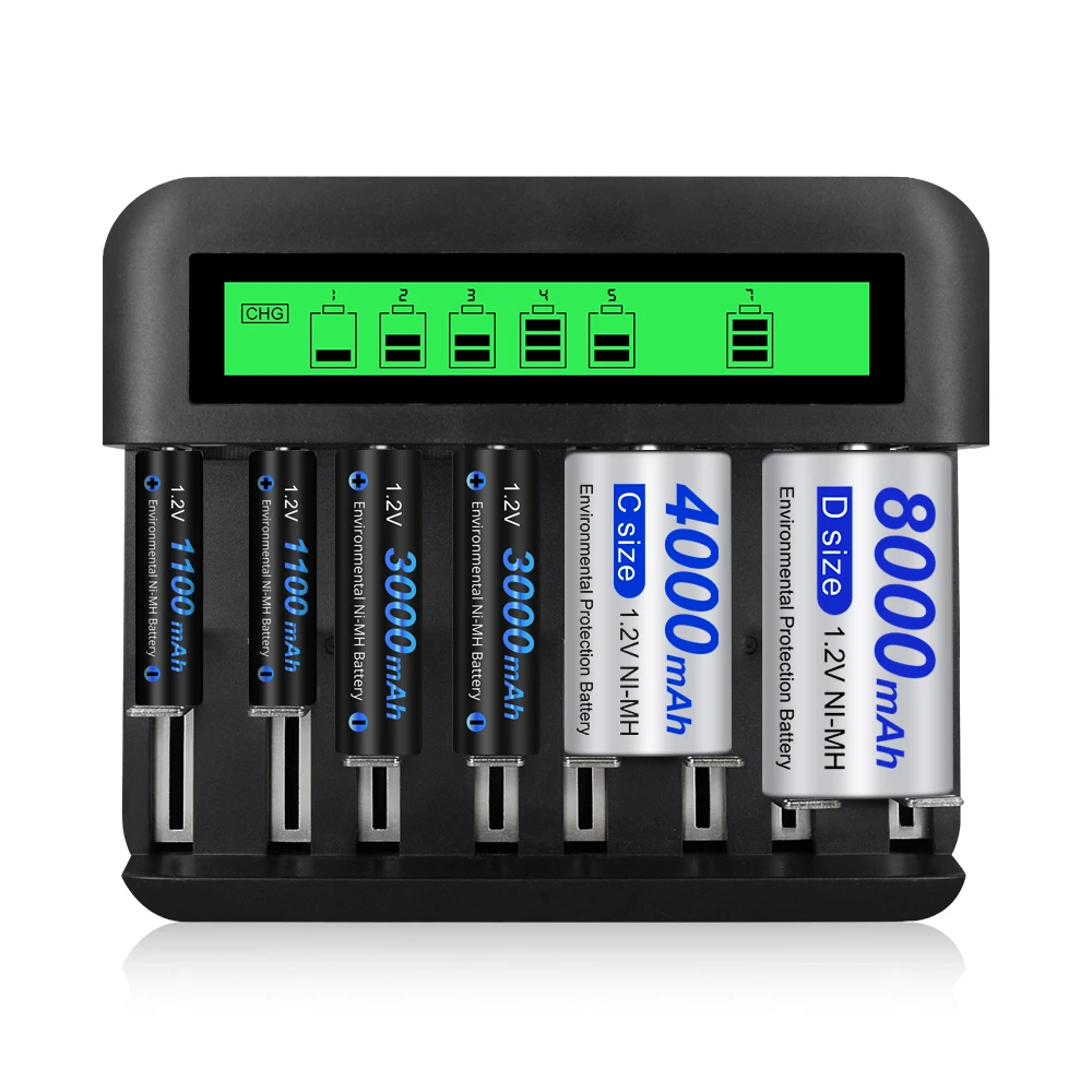 CITYORK 8 Slots Intelligent Fast LCD Indicator USB Battery Charger For 1.2V AA AAA C D Size Ni-MH Ni-Cd Rechargeable Batteries