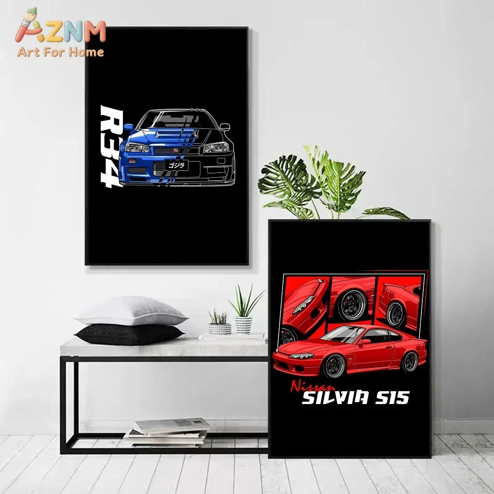 AZNM Nissan Skyline GT-R R34 Silvia S15 JDM, Lienzo Decorativo sin Marco, Póster Clásico de Coche Deportivo Japonés para Entusiastas de los Coches