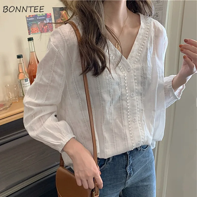 V-neck Long Sleeve Shirts Women Loose Fit Daily Korean Fashion Popular Students Ins Sweet Harajuku Spring Casual Minimalist Y2k