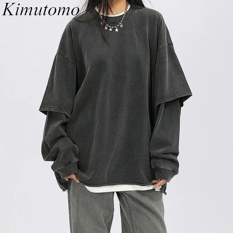 

Kimutomo футболки женские лоскутные поддельные из двух предметов весна осень модные свободные гранж готические Y2k эстетические топы в стиле Харадзюку