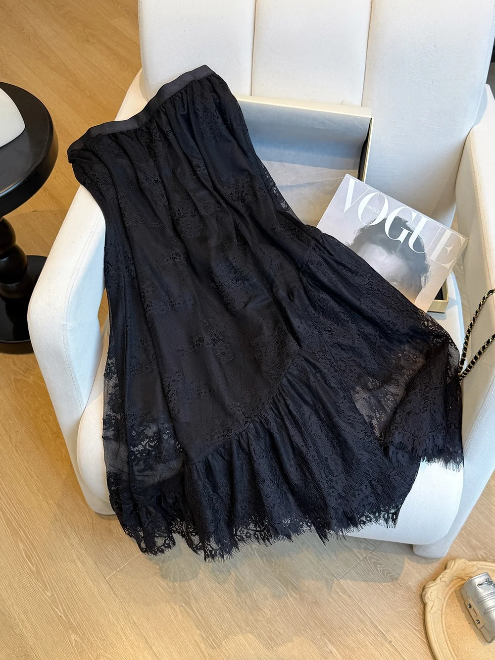 Black Mid-Length A-Line Skirt Heavy Embroidery Lace Fashionable Korean Style High Waist Girl's Summer New Arrival