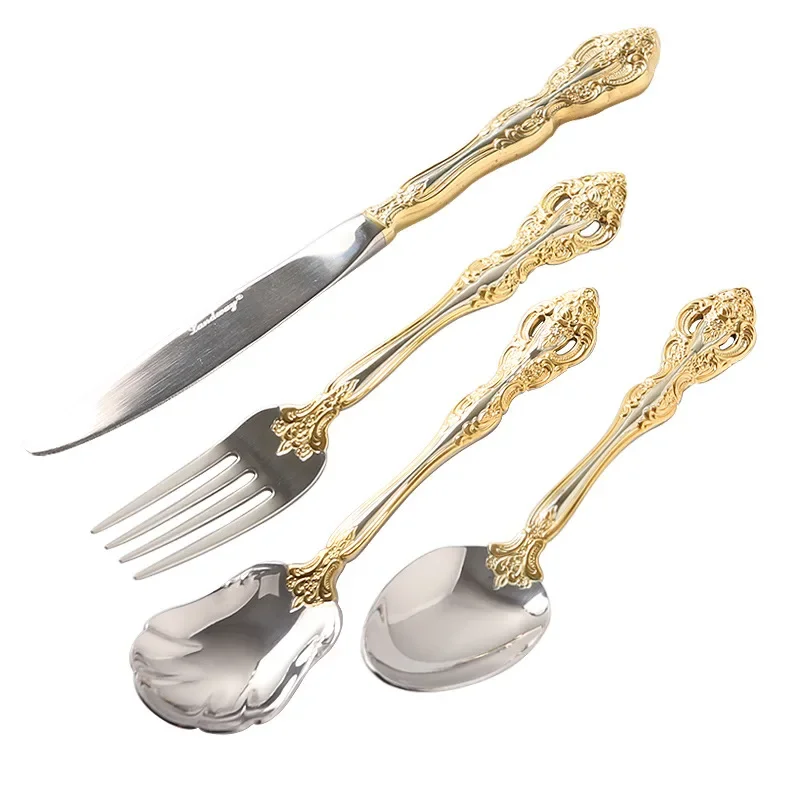 5-piece Set of 304 Stainless Steel Knife Fork and Spoon Retro Gold-plated Cutlery Set Steak Knife and Fork Gold Silverware Set