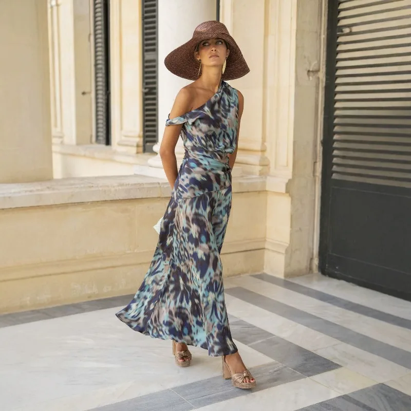 Robe longue élégante pour femme, imprimé tie-dye, pour invitées de mariage, épaules dénudées, froncée, en satin fluide, robe de cocktail, robe de soirée