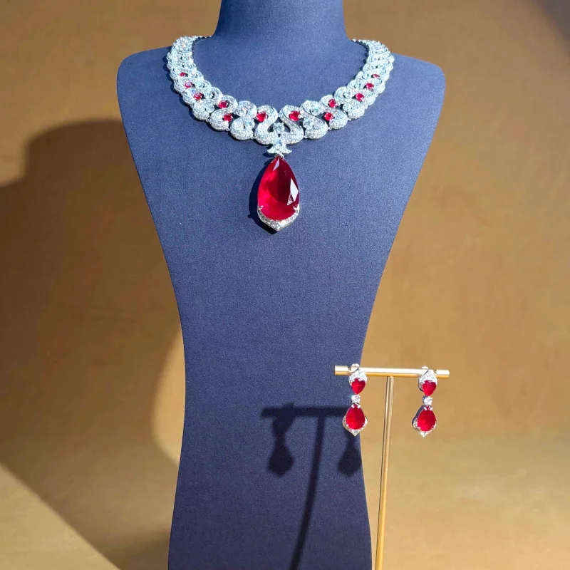 Designer Collection Style Necklace Earrings Inlay Cubic Zircon Red Blue Green Big Drop-shaped Tassels Pendant Party Jewelry Sets