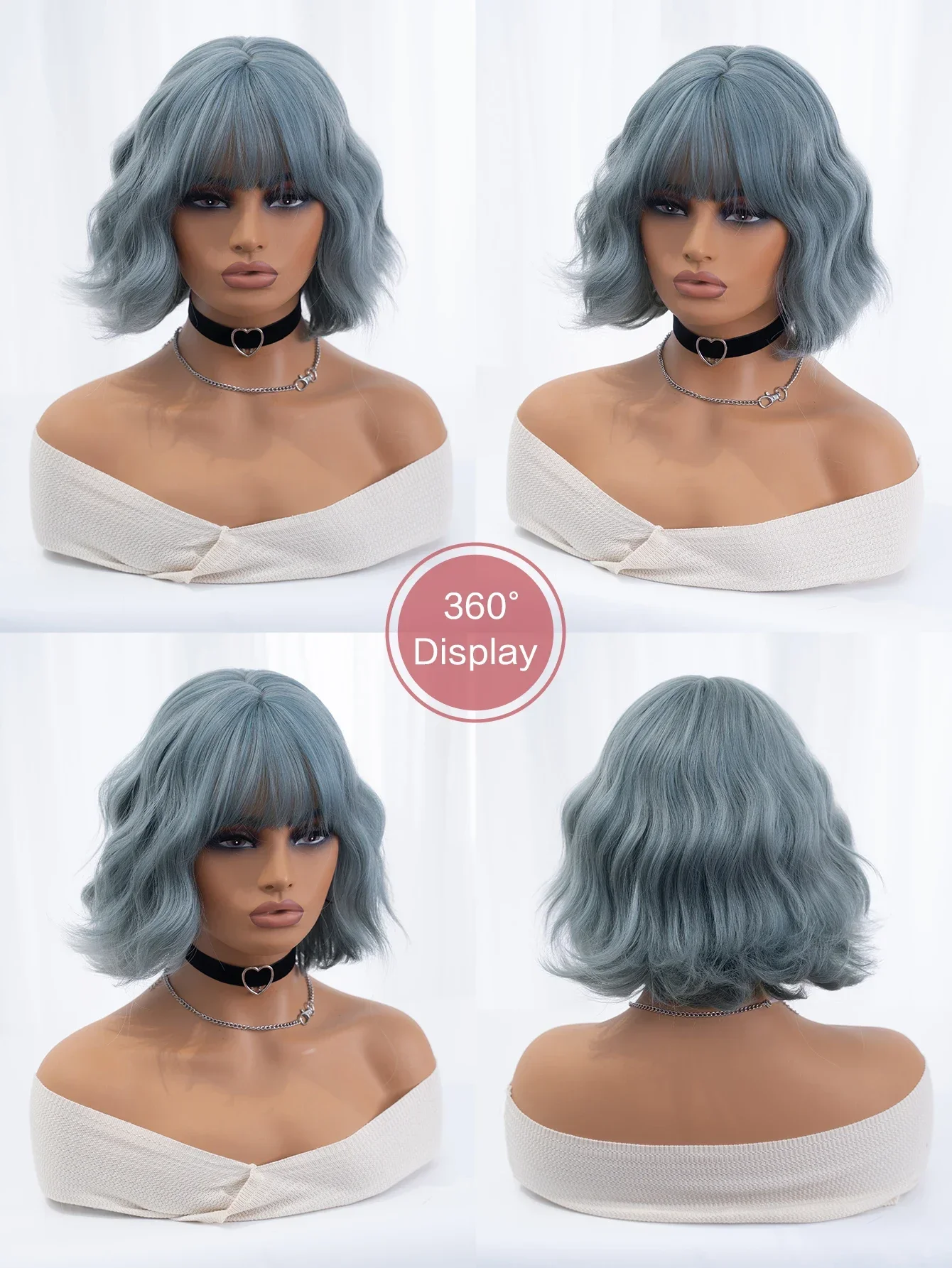 12Inch Haze Blue Color Synthetic Wigs With Bang Short Natural Wavy Hair Wig For Women Cosplay Drag Queen Party Heat Resistant