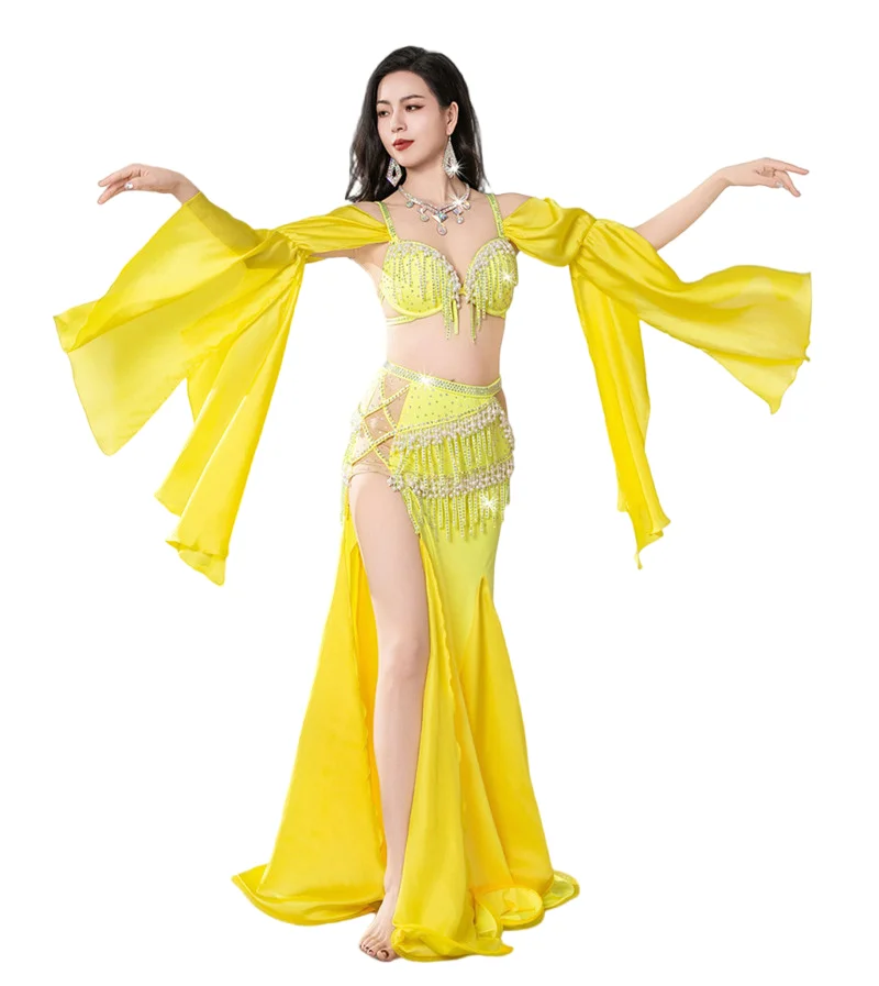 Women 2pcs Bellydance Costume Bra Swing Skirt Long Sleeve Top Swing Skirt Sexy Competition Stage Outfit Sparkle Rhinestone Set