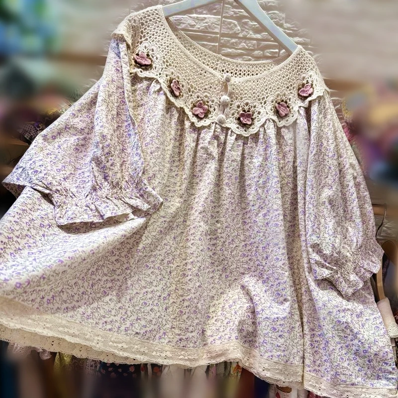 

Cottagecore Sweet Cotton Crochet Flower Patchwork Ruffled Lace Babydoll Vintage Blouse Female Retro Chic Loose Cute Shirt Tops