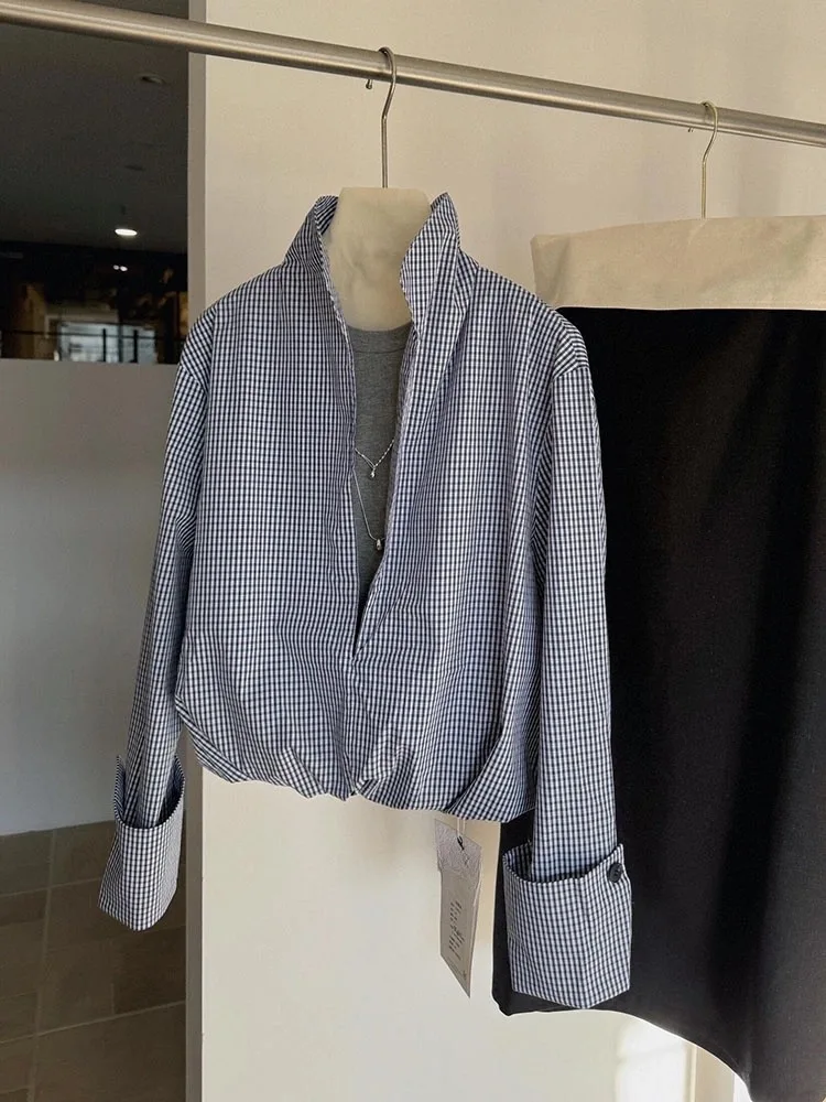 Faionable Retro Plaid Deep V-ne irt Damen Early Spring Layering Fake Zweiteiler irt Korean Sle Straight Cut Long S...