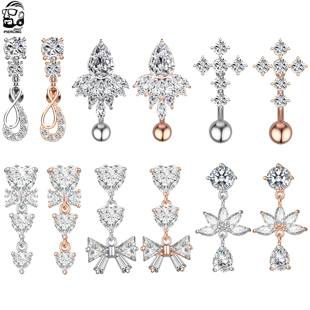 1PC 316L Steel Inverted Belly Button Ring Crystal Zircon Heart Bow-Knot Dangle Navel Piercing Ring Body Jewelry for Women