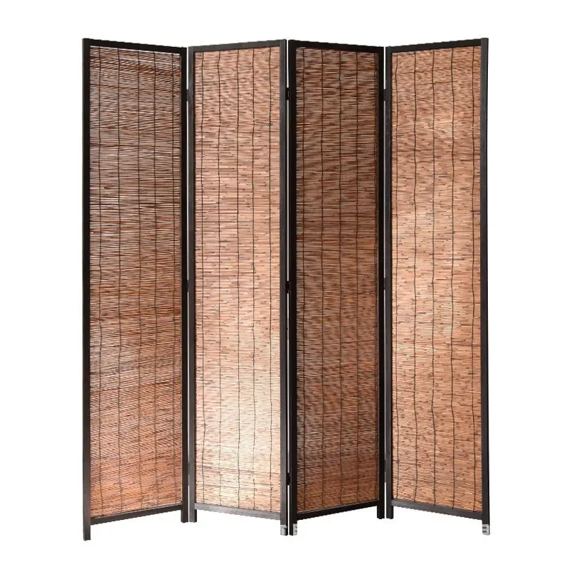 Retro Wooden Folding Screen Partition Mobile Room Divider for Living Room Office Porch Tea Space Natural Reed Panel Decor