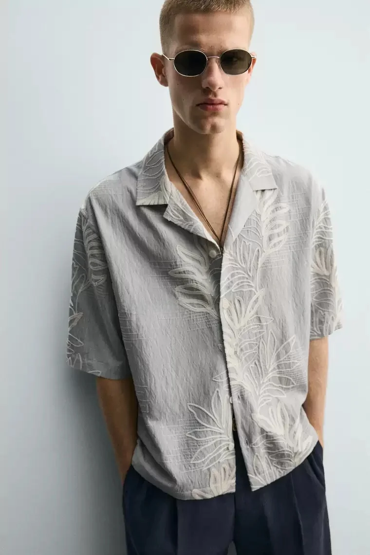 New 2026 Summer Men's Loose Fit Short Sleeve Embroidered Leaf Pattern Shirt Casual Style Cuba Collar Open Cardigan Regular Le...