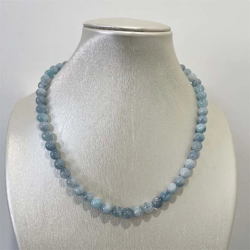 8MM Aquamarine Jade Necklace Blue Natural Stone Beads Jewelry Health Care Gemstone Protection Choker Healing Yoga Simple Female