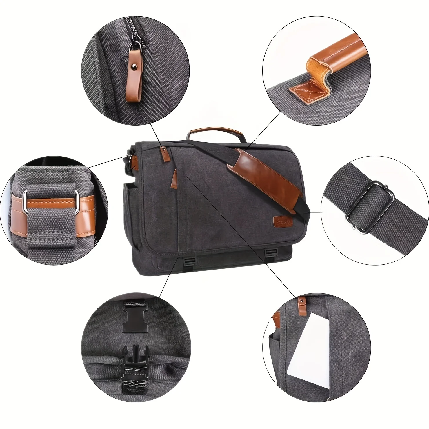 Crazy Horse Leather Men's Crossbody Briefcase Canvas Splashproof Workwear Messenger Bag Computer Tote