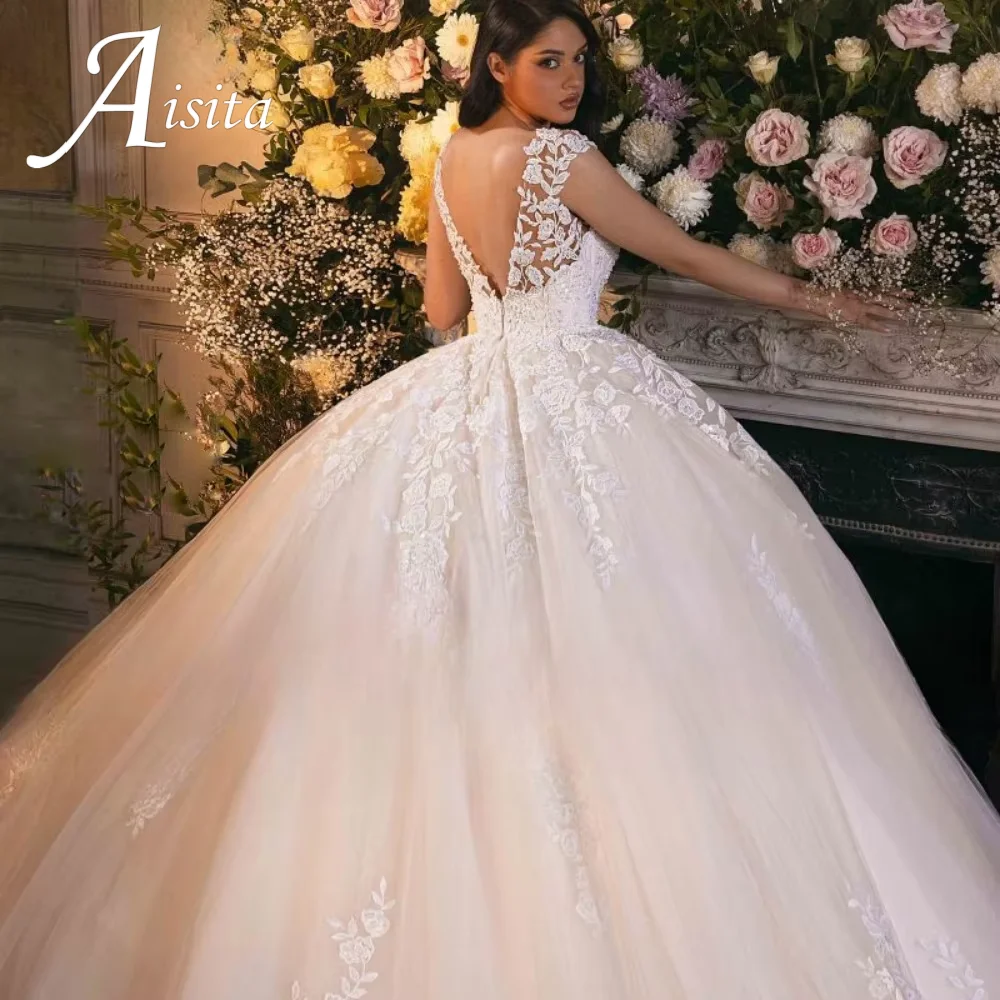 Boho A-line Abito da sposa Applicazioni in pizzo O-Collo personalizzato 2025 Maniche ad aletta Abito da sposa senza schienale per le donne Vestido De Novia