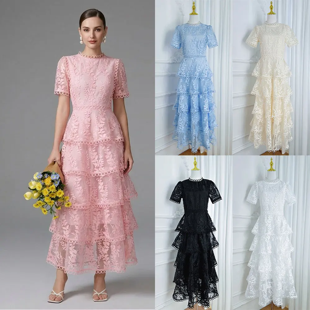 Sommermode Blumenstickerei Spitze Abendkleid Damen Kurzarm Ausgehöhlt Mehrlagiges Langes Tüllkleid Partykleid