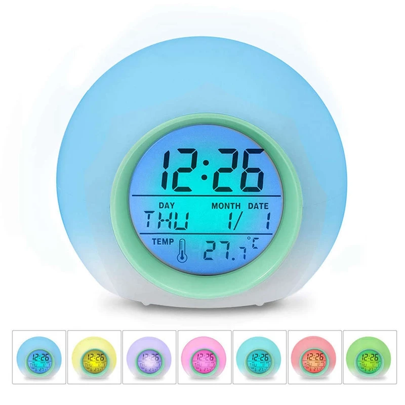 2X Kids Alarm Clock - Wake Up Light Digital Clock With 7 Colors Changing, Press Control And Snooze Function For Bedrooms