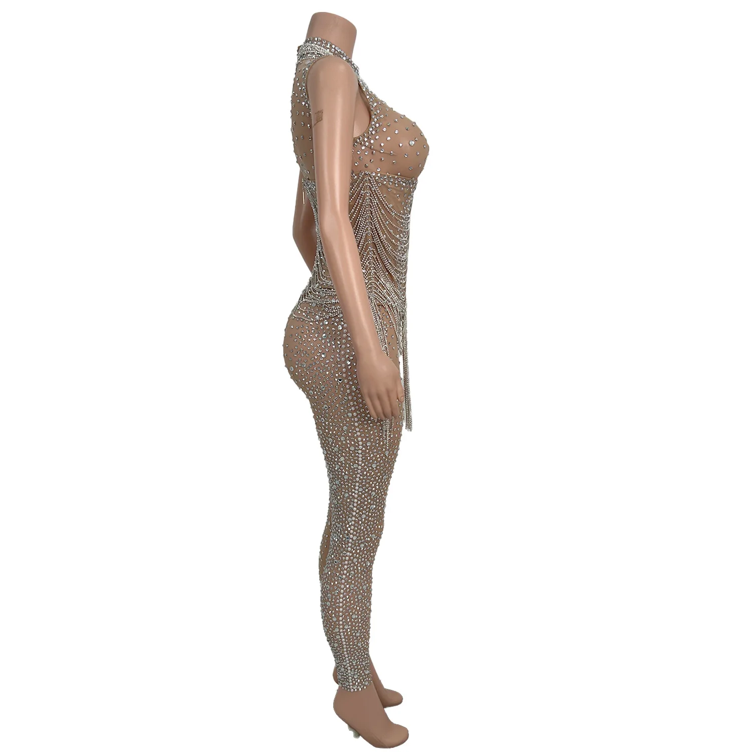 Fengshenku Sleeveless Jumpsuit Skin Tone Mesh Transparent Tight Pants Luxury Light Bar Dancers Celebrity Performance Costume
