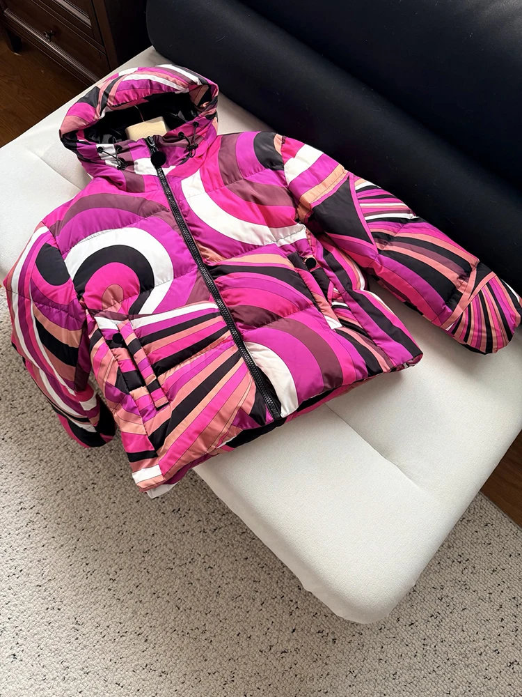 Winter Fashion Outdoors Geometric Print Loose Casual Straight Barrel Down Jacket Women's Hooded Long Sleeve Warm Pockets Coat