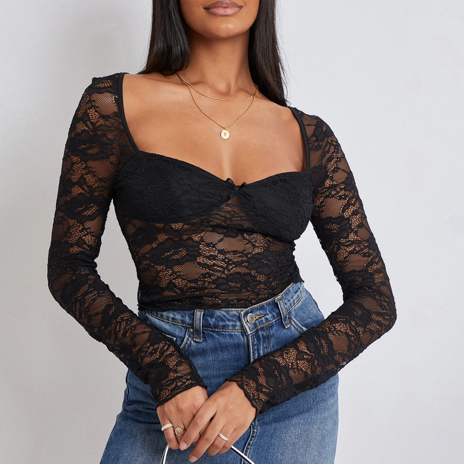 Sexy Lace Mesh Sheer T-Shirt Blouse See Through Transparent Mesh Tops Crop Top Floral Long Sleeve Shirt Aesthetic Pullovers Tops