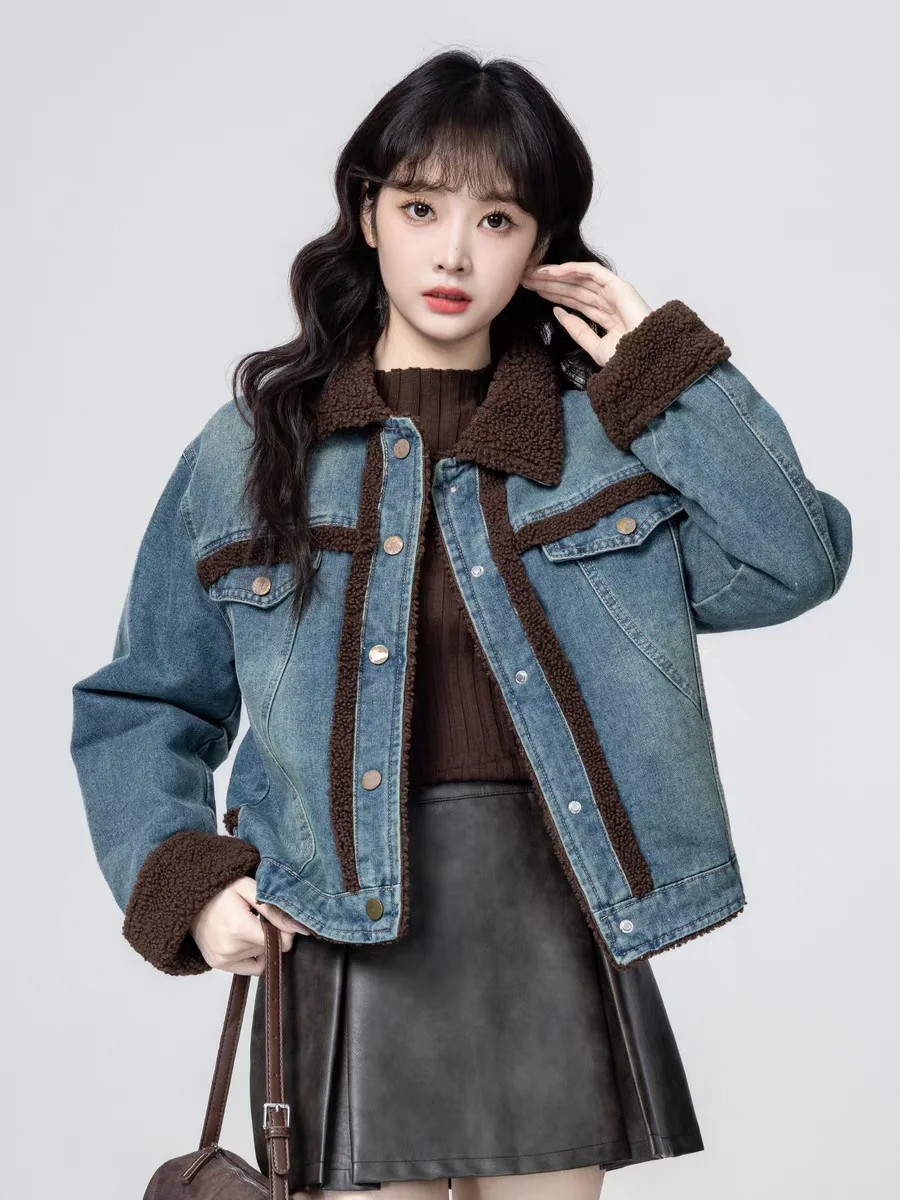 

Denim Coat Long Patch Fur Plush Womens Fall Pleated Standneck Furry Outwears Professional College Checked Minimalist Jackets Y2K