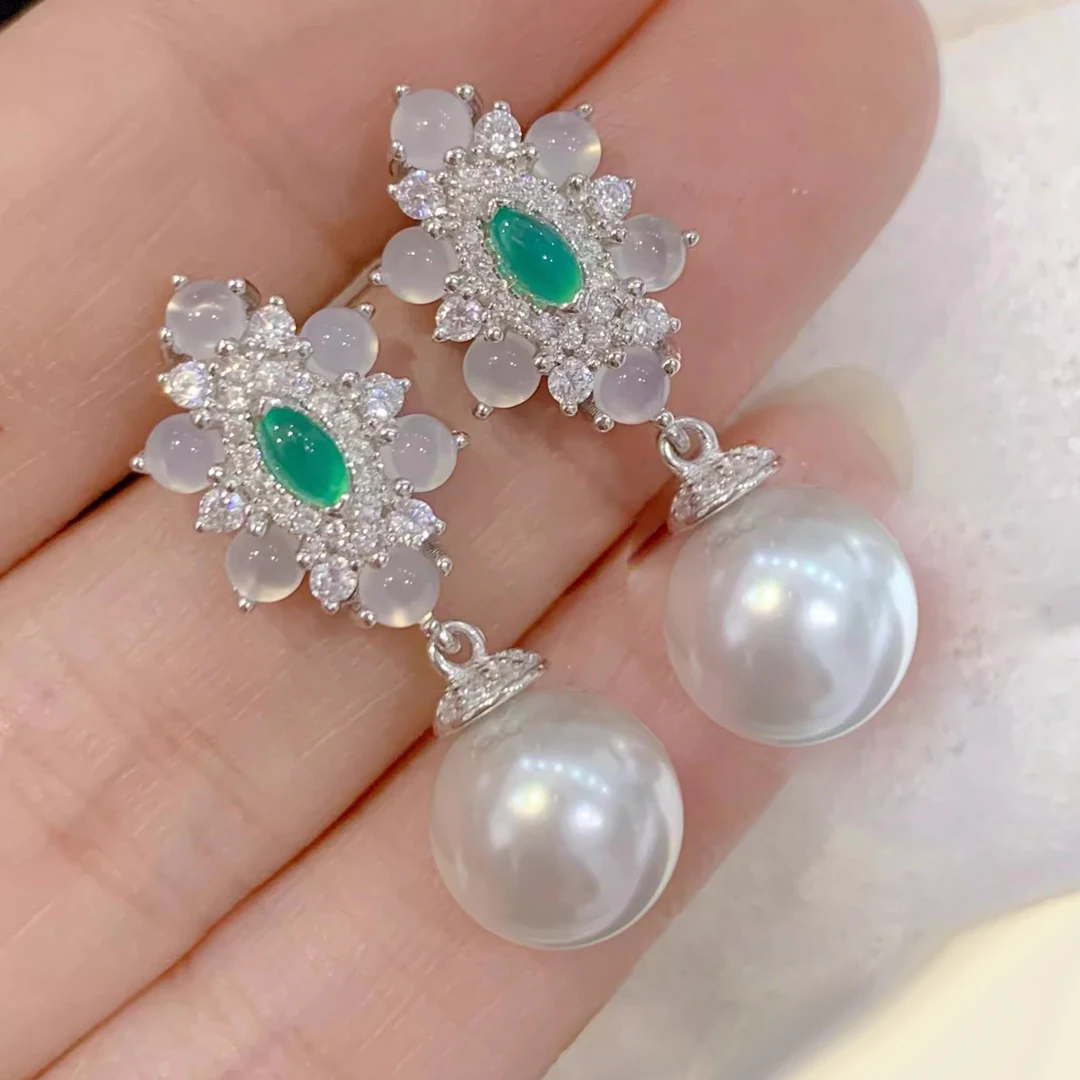 MeiBaPJ 10-11mm Natural Round Pearls Fashion Green Stone Drop Earrings 925 Silver Fine Wedding Jewelry for Women