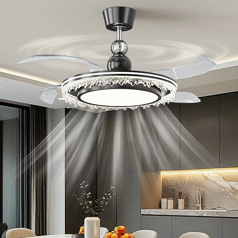 Italian Minimalist Restaurant Ceiling Fan Lights Luxury High-end Feeling Ice Crack Acrylic Invisible Silent Bedroom LED Fan Lamp