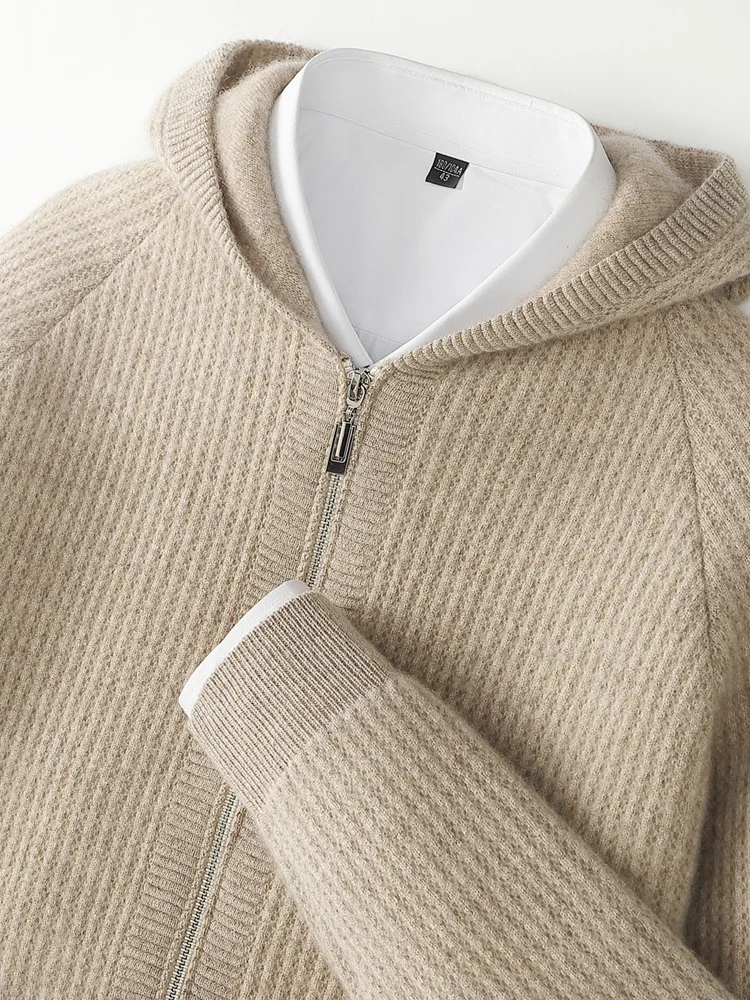 Hoge Kwaliteit Heren Rits Wollen Jas Herfst Winter 100% Merinowol Gebreide Trui Dikke Capuchon Vest Dikke Casual Nieuwe tops