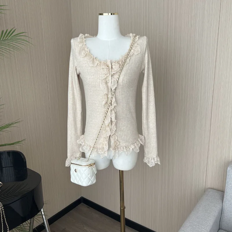 Slim Lace Design Sense Women's Sweater Sense Fall Square Neck Solid Color Fashion Cardigan Knitted Basic Comfort Women New Top