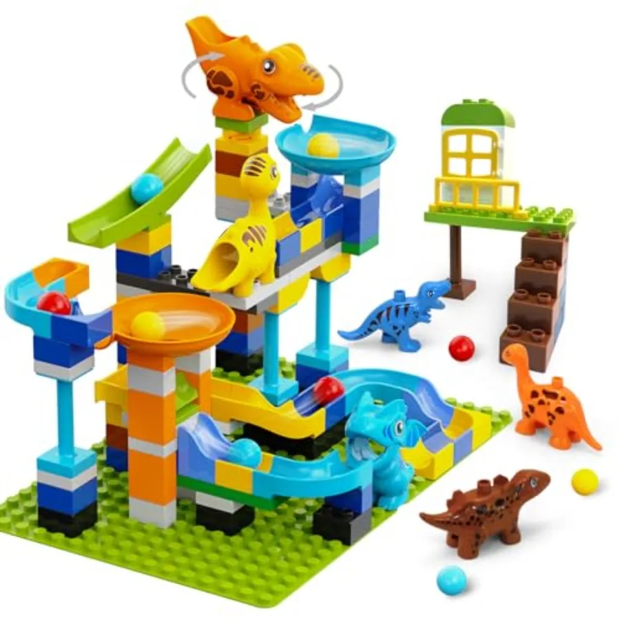 Marble Run Building Blocks for Ages 3+ 121-Piece Dinosaur STEM Toy with 6 Dinosaurs and 2 Baseplates Durable Construction Set w