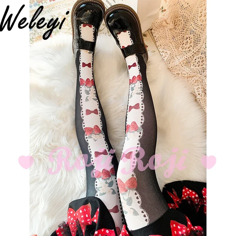 

Lolita Cute Strawberry Bow Tie Socks Japan Style Women's Spring and Summer Sweet 120D Velvet Print Pantyhose Tights for Girily