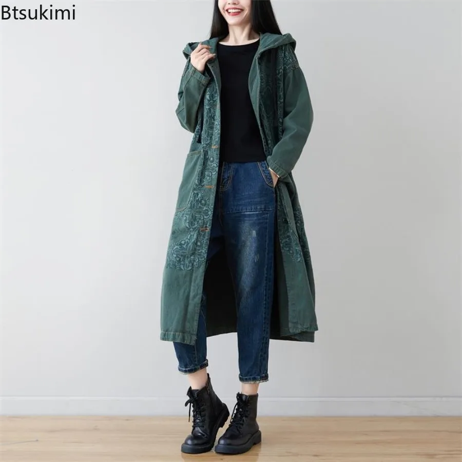 2025 Autumn New Women's Korean Fashion Trench Coats Loose Casual Vintage Print Hooded Cardigan Jacket Ladies Harajuku Streetwear