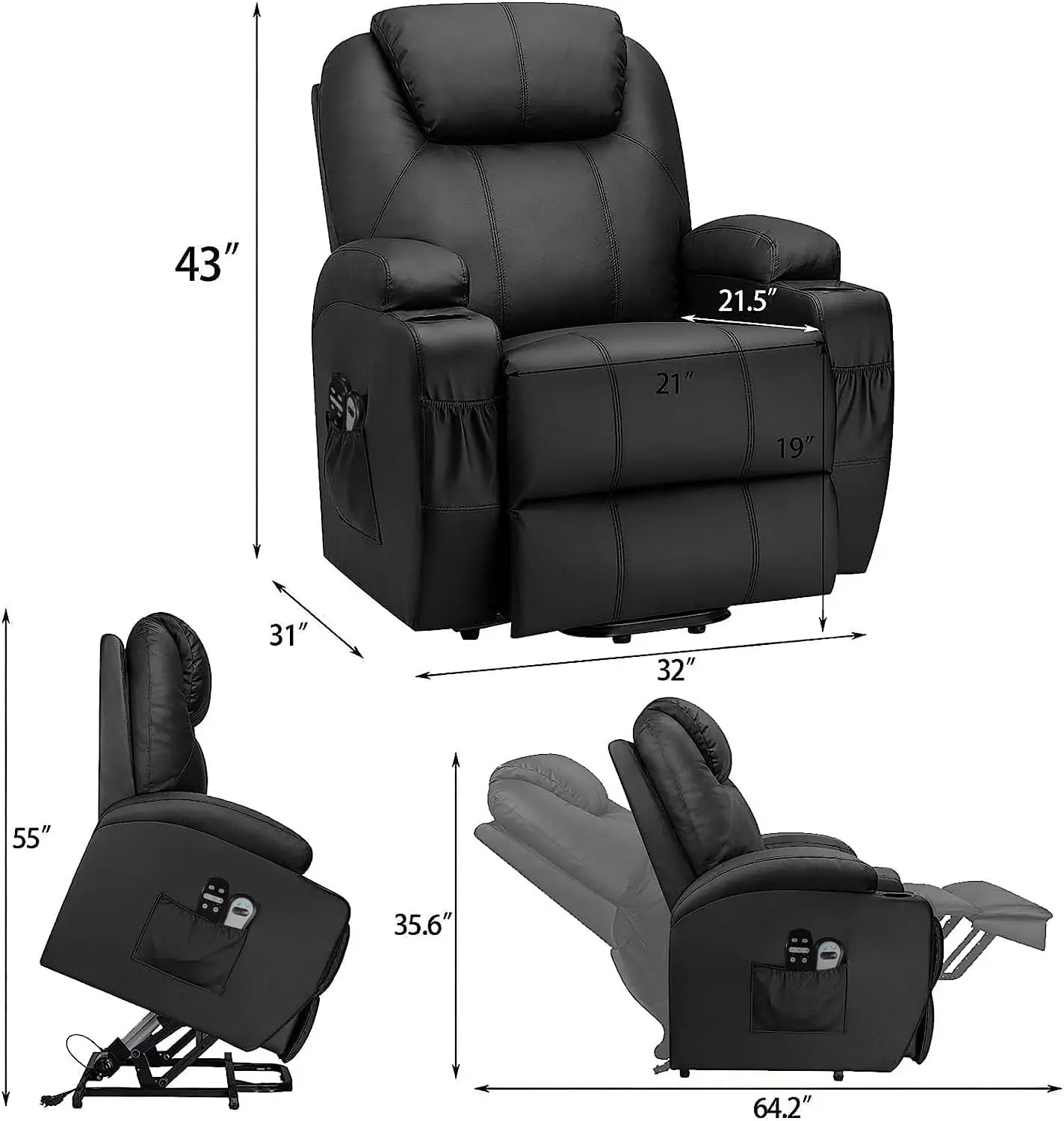 Power Lift Liegestuhl aus PU-Leder mit Massage für ältere Menschen, ergonomischer Lounge-Sessel, klassisches Einzelsofa mit 2-Getränkehaltern, seitlich