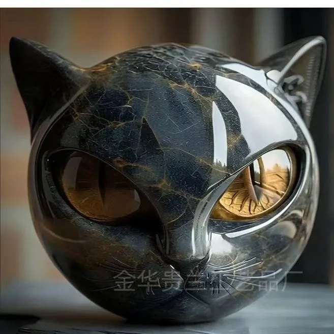 ديكور حجر القط الأسود تمثال الراتنج رأس القط أحجار استشفاء نسيج الرخام حجر القط تذكار هدية مكتب عمل القطط ديكور