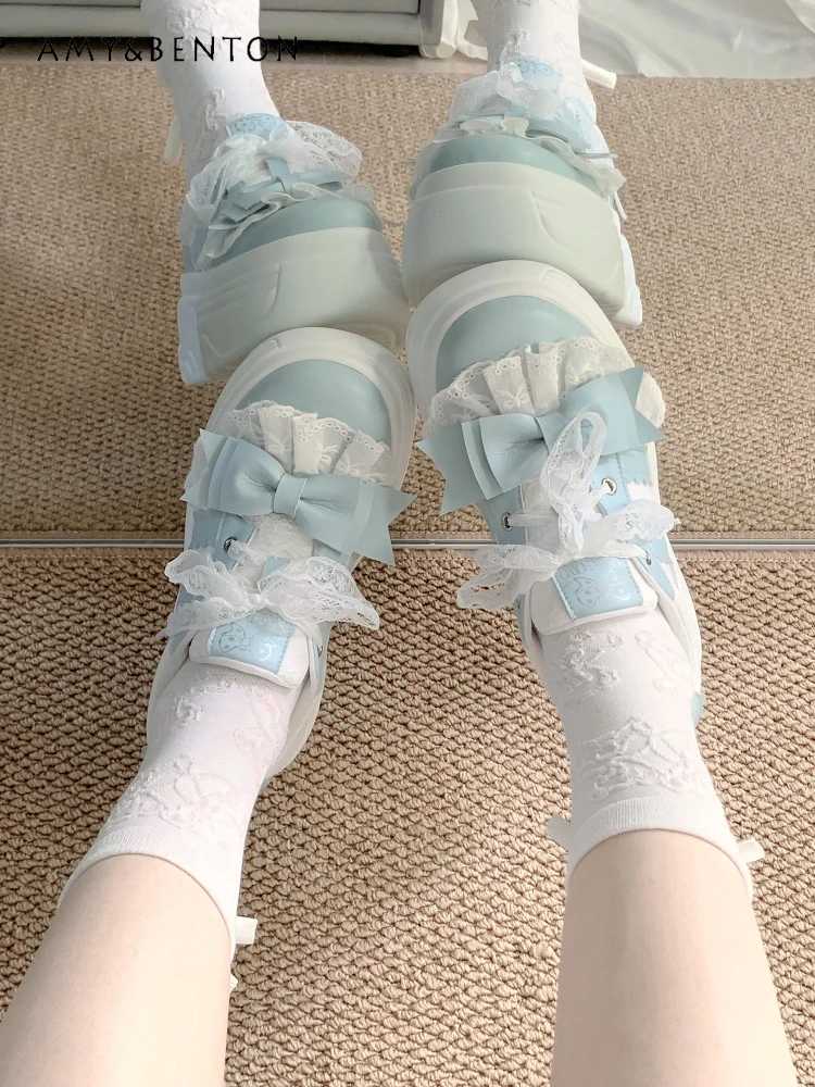 Japanese Versatile Lolita Platform Shoes Women Sweet Cute Lace Lace-up Muffin Shoes Round Head Pu Sports Casual Shoes Student - Image 2