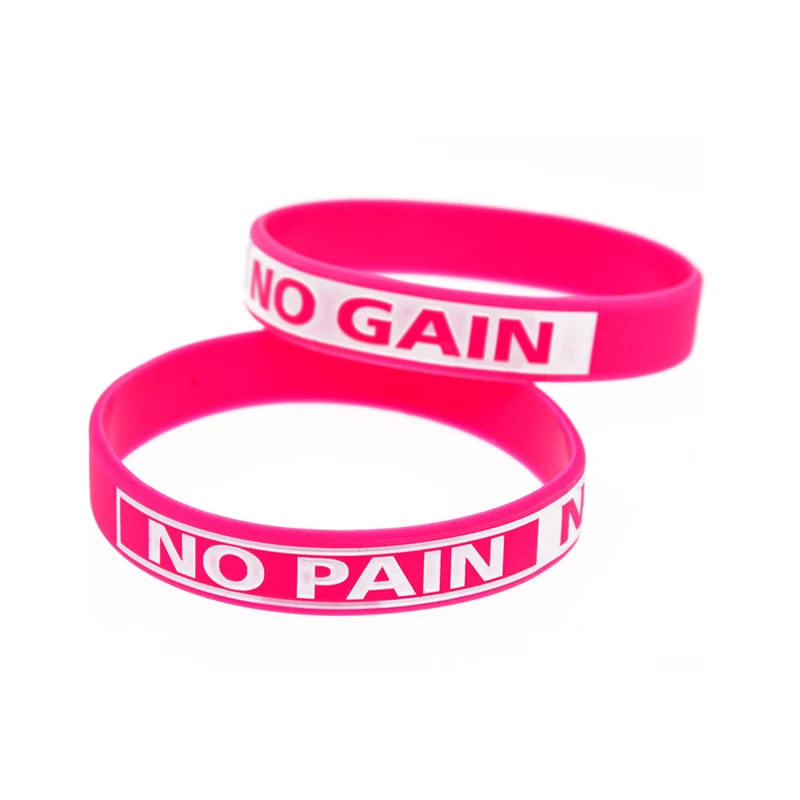 50 Pcs Motivational Fitness Rubber Bangle 1/2 Inch Wide No Pain No Gain Silicone Bracelet 4 Colors Available