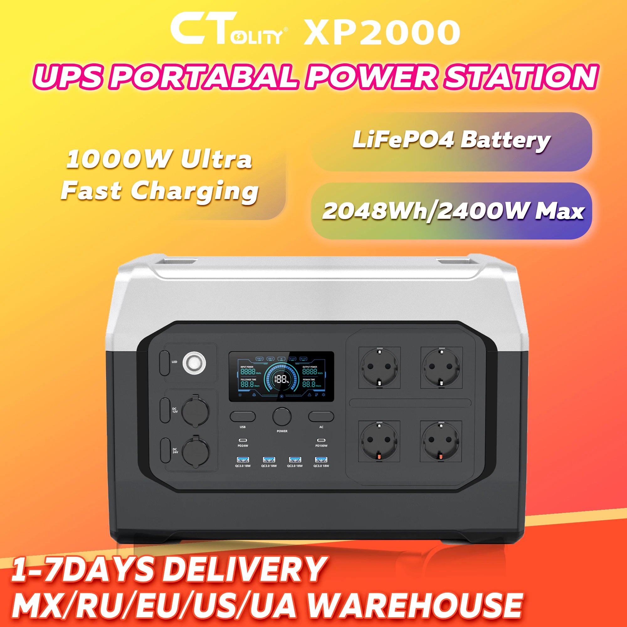 Портативная электростанция CTOLITY XP2000 2400 Вт, 220 В переменного тока, 2048 Вт·ч, солнечный генератор, источник питания, аккумуляторы LiFePO4