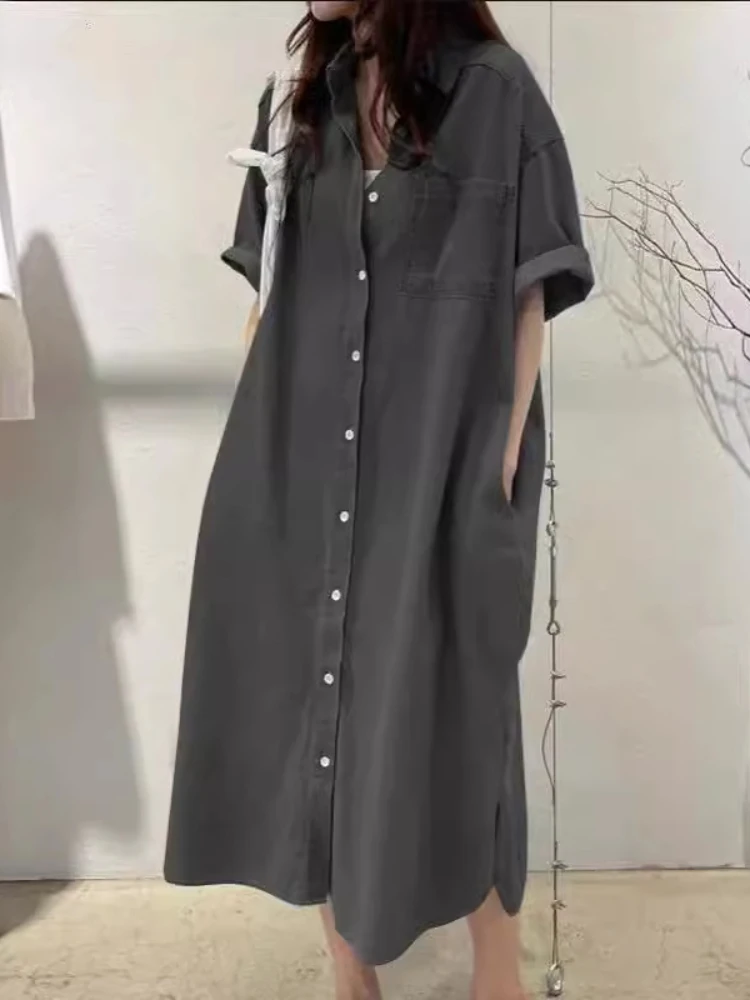 2024 Autumn Fashion Collection New Women\'s Cowboy Long Dress Loose Single Breasted Flip Collar Casual Medium Long Shirt Dress
