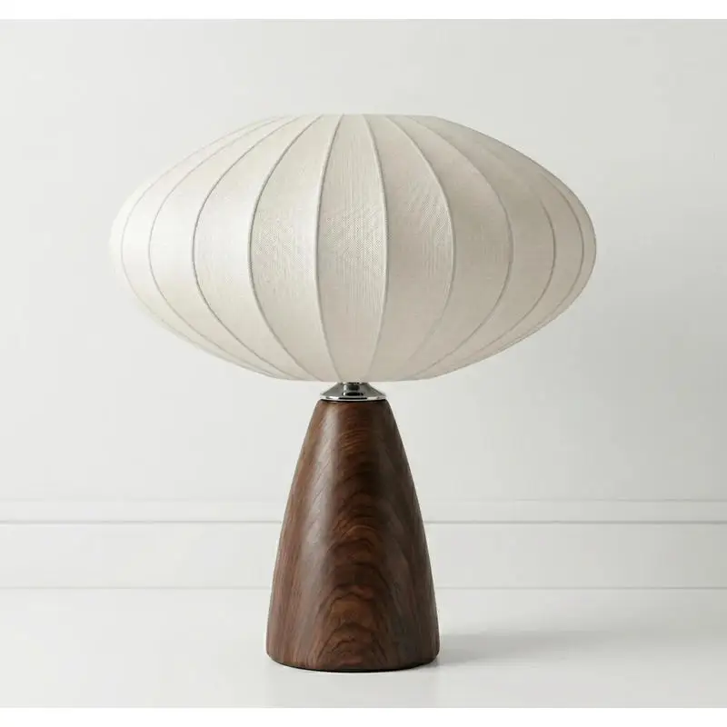 Nordic Wabi Sabi Table Lamp Oval Ribbed Fabric Lampshade Wood Cone Base Bedroom Bedside Decorative LED Table Lighting
