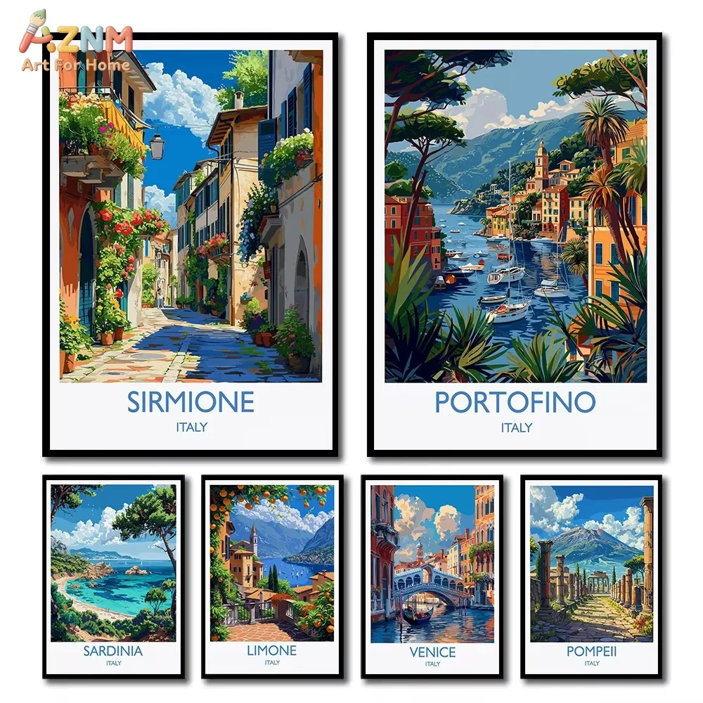 1PC Retro Italy Coastal City Mediterranean Seascape Town Architecture Aesthetic Canvas Poster Wall Art Pictures Home Decor