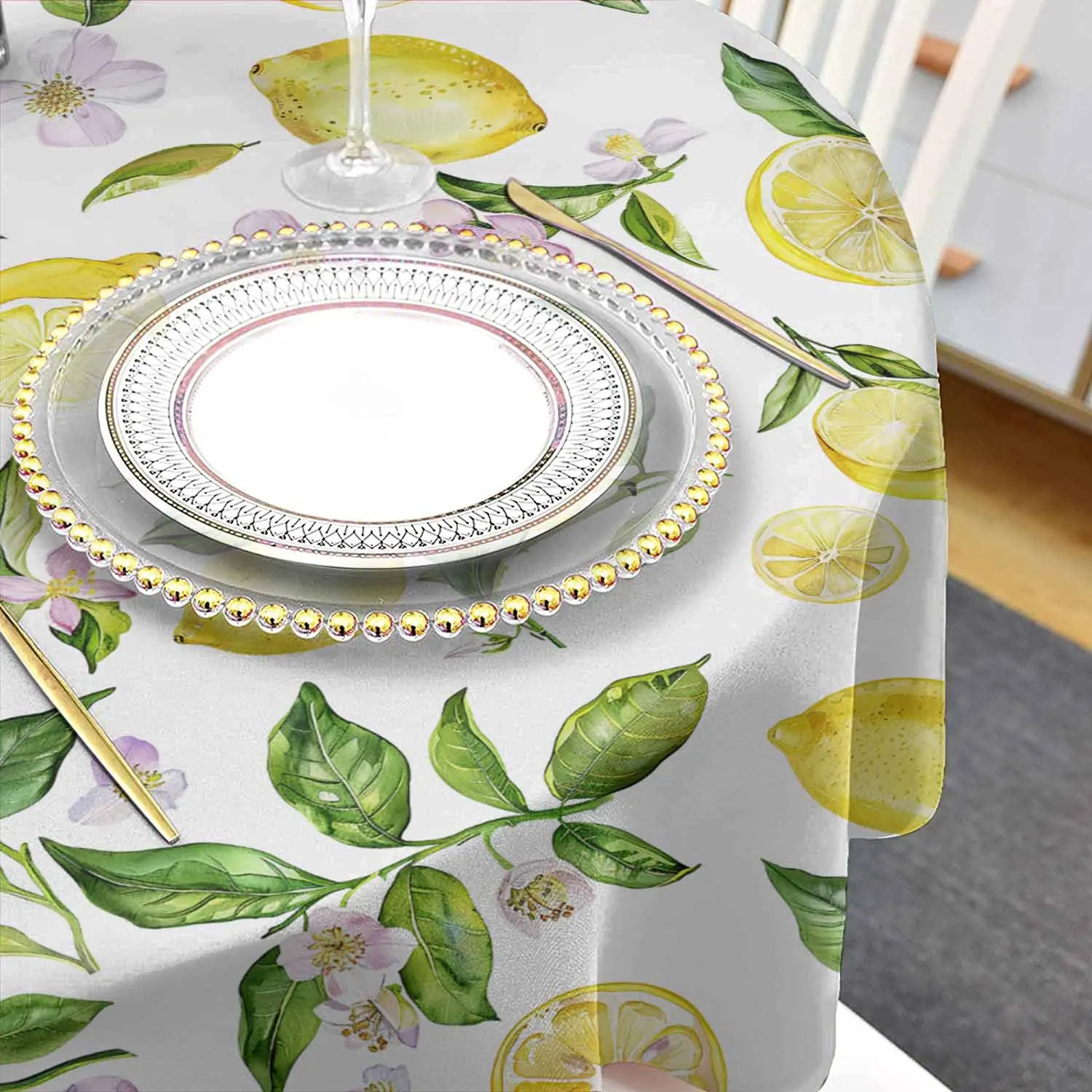 Summer Watercolor Lemon Vintage Round Waterproof Tablecloth Home Decorative Table Cover Party Wedding Dining Room Table Cloth